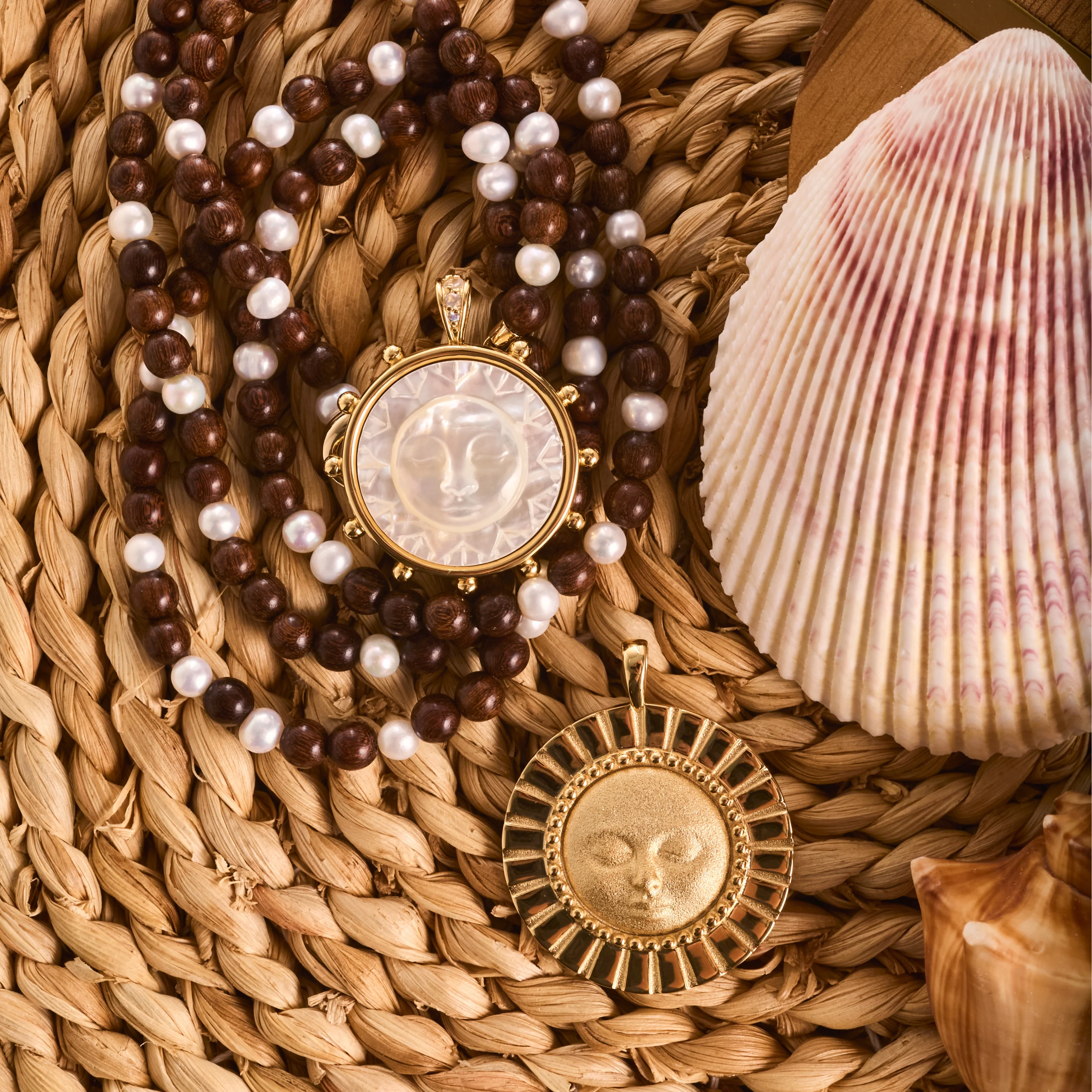 Wood and Pearl Double Wrap Necklace - Image 4
